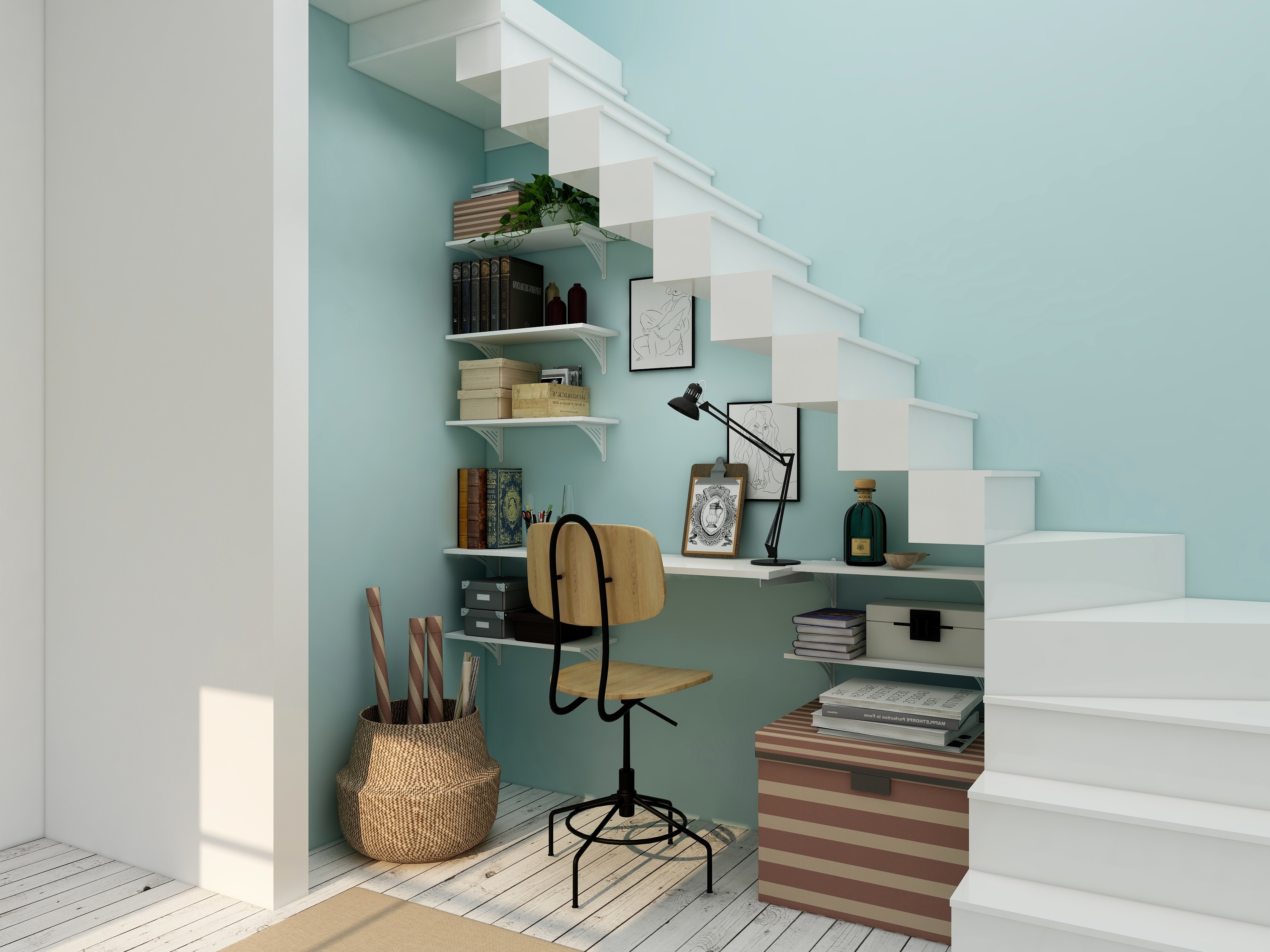 bibliothèque sous escalier